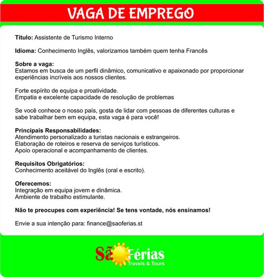 Vaga de Emprego: Assistente de Turismo Interno