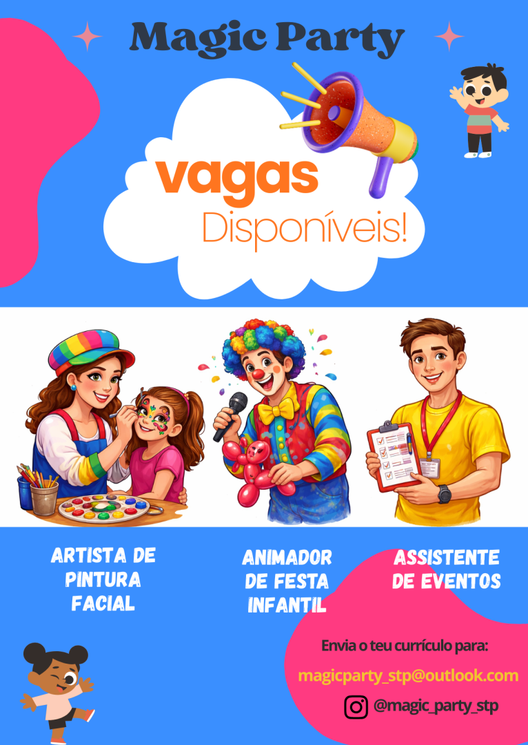 Vagas: Assistente de Eventos, Artista de Pintura Facial & Animador(a) de Festas Infantis