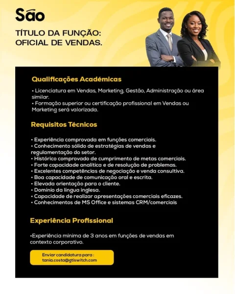 Vaga para Oficial de Vendas